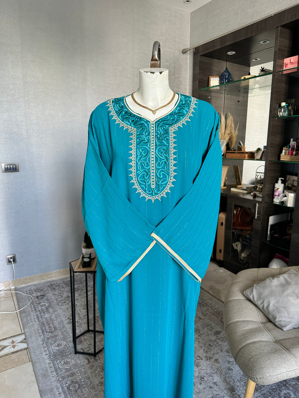 Caftan Marocain vert eau brodé
