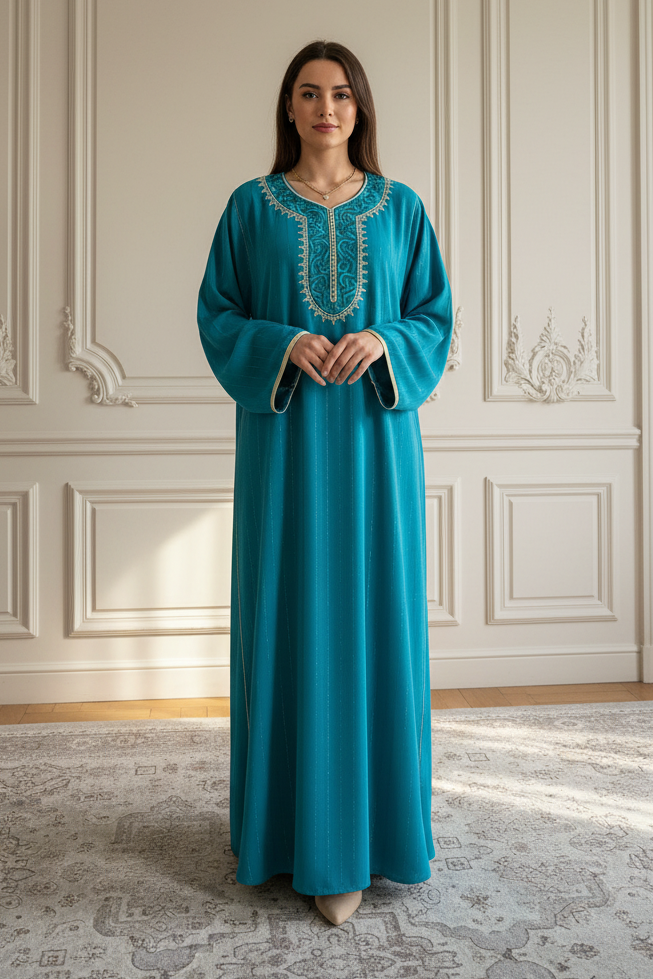 Caftan Marocain vert eau brodé